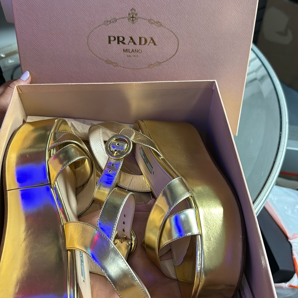 - Prada gold platform sandals